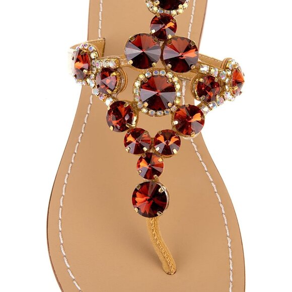 Women's Rhinestone Brown Upper Flat T Strap Thong Flip Flop Sandals Shoes - Picture 2 of 5